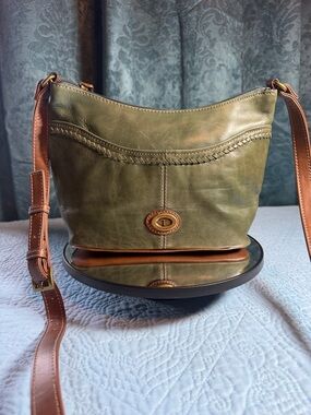 Tignanello Olive Green Leather Crossbody with Brown Trim 9x7